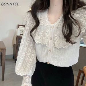 T-shirts Lace Long Sleeve Shirts Women Ruffle Edge Spring Summer New Style White Allmatch Elegant Sweet Tops Girls Fashion Blouses Retro