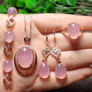 Sets Pink Suits Natural S925 Ice Chalcedony Set Silver Plated Stone Sweet Lady Agate Ring Water Drop Earrings Round Gemstone Pendant