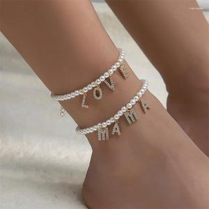 Anklets 2024 Handgjorda pärlpärl Brev Mamma Pendant Ladies Diamonds Anklet Chain Foot Decoration for Mors Day Jewelry Gift