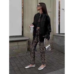 Mode leopard tryck jeans kvinnor hög midja casual blossed denim byxor kvinnliga våren allmatch streetwear byxor lady 240307