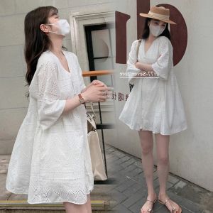 قمصان 2024 Spring vneck Hollow Out Stirts Parkity Long Lose Closeles Fashion Backless Backlant Pluse Blouse White Cotton Shirt