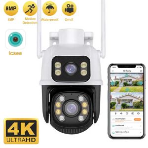 Kameror 8MP4K Dual Lens Dual Screen WiFi Camera Waterproof Color IR Night Vision Auto Tracking Cloud WiFi Surveillance Cameras ICSEE APP