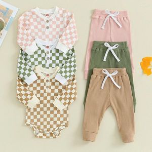 Kläderuppsättningar födda Baby Boys Girls Fall Outfits Lång ärm Checkerboard Print Romper Pants Set Spädbarnskläder