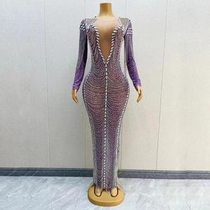 Sahne Giyim Sparkly Rhinestones Zincir Kadınlar Uzun Kollu Seksi Maxi Elbise Akşam Partisi Performans Kostüm Bar Şarkıcı