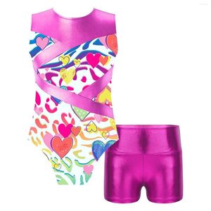 Kleidungsstücke Kinder Mädchen ärmellose Hollow -out -Drucktanz -Trikot mit hohen Taillenshorts für Ballett -Gymnastik Yoga Sport Fitness Schwimmen