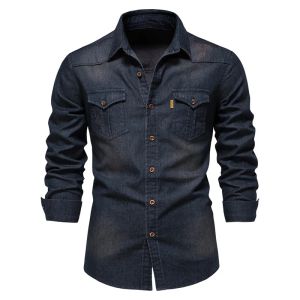 T-Shirts Frühling langhältig Herren-Denim-Hemd hochwertige Baumwoll-Elastizität Casual Slim Fit Streetwear Kleidung Cowboyhemden Männer schwarz