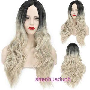 Designer human wigs hair for women Wig Dyed Head Cover Brown Gradient Gold White Long Curly Hair 270g 70cm