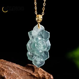 Necklaces High Quality Natural Myanmar Jadeite Blue Water Lotus Flowers Pendant 18K Gold Inlaid Ice Necklace Ladies Luxury Jewelry Mascot