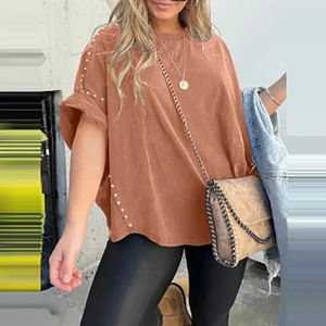 Camisetas femininas Lady Casual Solid Color Rivet Bloups Autumn Summer Fashion 3/4 Mangas tops soltos Pulloves de festa de rua