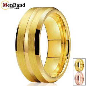 Bands Menband Fashion 8mm Gold Color Center Grooved Flat Borsted Finish Tungsten Carbide Wedding Engagement Ring Comfort Fit Fit