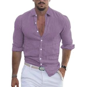 Mens de verão de algodão e linho camisa de lapela praia de manga longa de cor sólida para férias havaianas roupas 240419