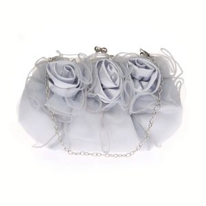 Väskor Fashion Romantic Chiffon Flower Evening Clutch Bag Silver Metal Chain Women Axel Handväskor Elegant Lady Party Wedding Väskor