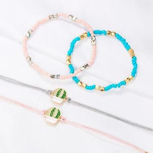 Charm Bracelets 4pcs/set Women Boho Bracelet Mini Beads Cute Cartoon Metal Cactus Rope Chain Fashion Jewelry Gift