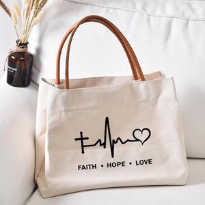 Bolsas de compras Faith Hope Love Mulheres Lady Lady Beach Bag Canvas Tote Handbag Work Drop Church Drop