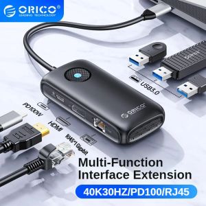 Hubs ORICO USB HUB 4K HDMIcom Adapter Type C to RJ45 USB 3.0 2.0 PD 100W Dock for MacBook Pro Air M2 M1 Splitter Docking Station