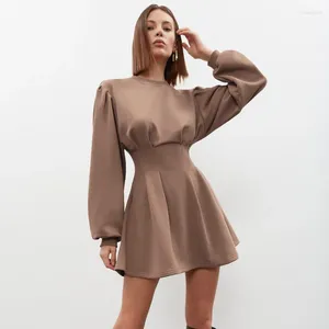 Casual Dresses Elegant Brown Pleated High Waist Mini Dress Autumn Winter Long Sleeve A-Line Women Slim O Neck Vintage Female 2024