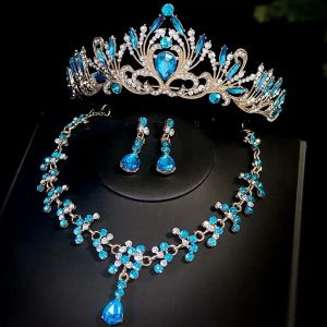 Necklaces DIEZI Baroque Bridal Wedding Sky Blue Rose Crown Princess Queen Water Drop Crystal Tiaras Necklace Earrings New Jewelry Sets