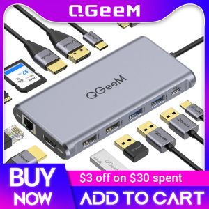 HUBS QGEEM USB C HUB for MacBook Pro Triple Display Type Chub to Dual 4K HDMI DP Micro SD Card Readers RJ45 AUX PD USB HUBアダプター