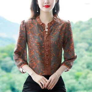 Женские блузки M-4XL 2024 Весенние летние вершины с половиной рукав с половиной рубашки с кружевными блузками повседневная рубашка с цветочным принтом