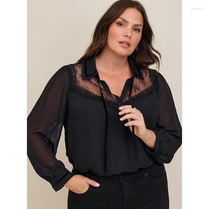 Women's Blouses 100.00kg Export European And American Single Plus Size Clothing Fat Girl Loose Black Lace Stitching Long-Sleeved Chiffon