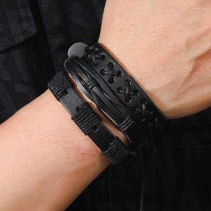 Link Bracelets 5Pcs Black Wrap Woven Fashion Men Women Trendy Elegant Vintage Leather Wristband Jewelry Gifts 2024