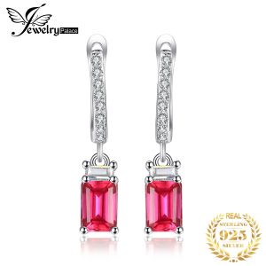 Eörhängen Jewelrypalace Classic 1.2CT Emerald Cut skapade Red Ruby 925 Sterling Silver Hoop Dangle Earrings for Woman Jubileums Present