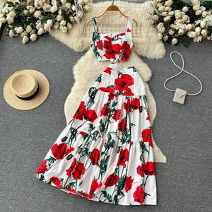 Runway Summer Maxi kjol toppdräkt Två stycken Kvinnor kläder Fashion Floral Print Spaghetti Strap Holiday Beach Dress Set M530 240415