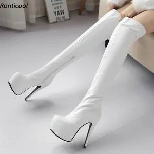 Boots Ronticool Women Platform Over The Knee Side Zipper Stiletto Heel Round Toe Elegant Black White Boutique Shoes US Size 5-20