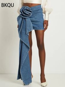 BKQU 2024 Summer Denim Mini Skirts Y2K Aesthetic 3D Flowers Design High Waist Micro Skirts Skinny Wrap Jeans Penceil Skirt Women 240412