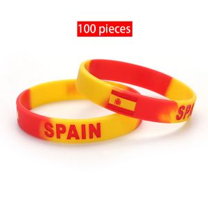 Strands 100pcs Spain Sports Silicone Bracelet Engrave Country Flag Wristbands Men Women Rubber Band Fashion Accessories