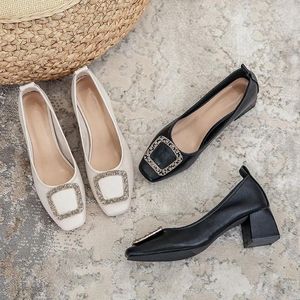 Dress Shoes Size 33-41 Woman 5cm High Heels Square Toe Pumps Female Crystal Buckle Block Mid Low Soft Leather Office Korean