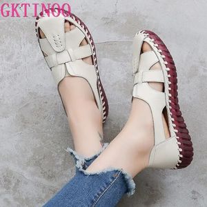 Gktinoo Couro genuíno Mulheres planícies Sapatos ocos Sapatos de verão Sanfolas femininas respiráveis Sandálias femininas Big Size 35-42 240412