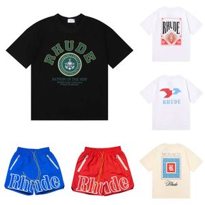 rhude shirt Mens Rhude Shorts Tracksuit Designer Printing Letter Black White Grey Rainbow Color Summer Fashion Cotton Cord Top Short Sleeve