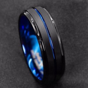 Pierścienie ślubne Modna moda 8 mm czarna szczotkowana drabina krawędź Tungsten Pierścień Blue Groove Men Prezenty dla 228z