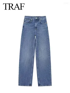 Kvinnors jeans 2024 vårbyxor för kvinnor mode denim hög midja mantel långa byxor kvinnliga pendlar vilda grundläggande kvinnas breda benbyxa