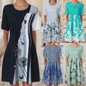 Casual Dresses Womens Summer Cotton Short Sleeve Crew Neck Pleated Printed Midi Dress With Pockets Going Out