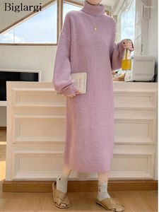 Casual Dresses Sticked Turtleneck Autumn Winter Long Dress Women Korean Modis Loose Ladies Ruffle Pleated Sleeve Woman 2024