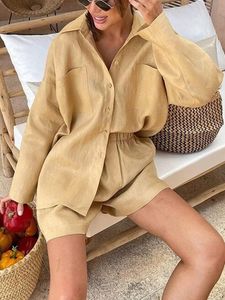 Black Womens Summer Suit Shirt and Shorts Lose Cotton Linen Long Sleeve Top Oversize Two-Piece Set for Women Outfits 240418