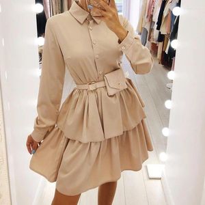 Casual Dresses Women Solid Lapel Office Shirt Dress Spring Button Pleated Cake A-Line Party Autumn Long Sleeve Boho Mini