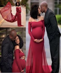 Elegant Maternity Dresses Sheath Column Dark Red Burgundy Off the Shoulder Evening Gowns Long Sleeves Custom Made with Train9355134