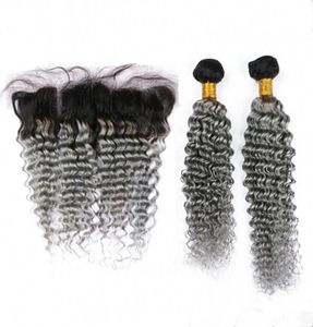 Deep Curly Wave 1Bgrey Ombre 13x4 Spetsens frontal stängning med 2Bunds 3st Lot Obre Silver Grey Peruvian Virgin Hair Wefts With F92711401