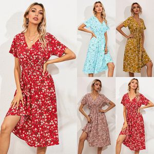 Designer Women Dresses Summer Bohemia Short sleeves Dresses Womens Retro Skirt Ladys Fashion Colorful Sexy Printing Dress Size S-XL