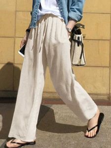 Kadın Pantolon Capris 2023 İlkbahar/Yaz Geniş Bacaklı Pantolon Moda Yüksek Bel Pamuklu Pantolon Düz Renk Sıradan Gevşek Büyük Boyut Pantolon Y240422