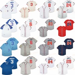 Film Vintage 3 Dale Murphy Baseball Jerseys zszyte 6 Bobby Cox 8 Javier Lopez 10 Chipper Jones 23 David Justice 24 DEION SANDER Jersey Oddychany sport White