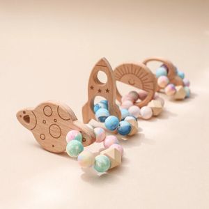 Bracelets 1Pc Wooden Spaceship Bracelets Baby Teething Silicone Beads Teether Beech Wood Molar Toy Newborn Baby Nursing Gift Planet Beads