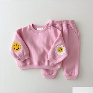 衣類セット冬の暖かい女の子の男の子の服セット刺繍厚いフリーススウェットシャツパンツトラックスーツ幼児韓国ドロップ配達ki dhbmt