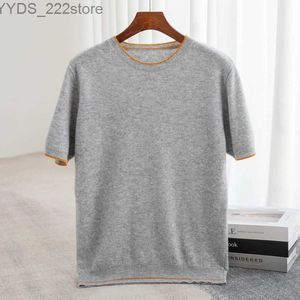 Herrskjortor attyws nya heta säljer män o-hals kort ärm tröja t-shirt stickad mens ren ull pullover tröja yq240422