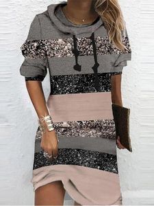 カジュアルドレス2024春の女性デイリーウェアミニドレススウェットシャツファッションカラーブロックストライププリントフード付き長袖