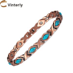 Strands Vinterly Pure Copper Bracelet for Women Magnetic Vintage Artificial Turquoise Benefits Chain Jewelry Metal Blue Stone Magnet