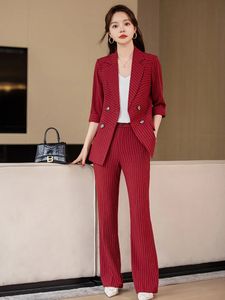 Office Ladies Pant Suit Women Black Brown Red Plaid Female Business Work Wear Jacket Blazer and Trouser Formal 2 Piece Set 240415